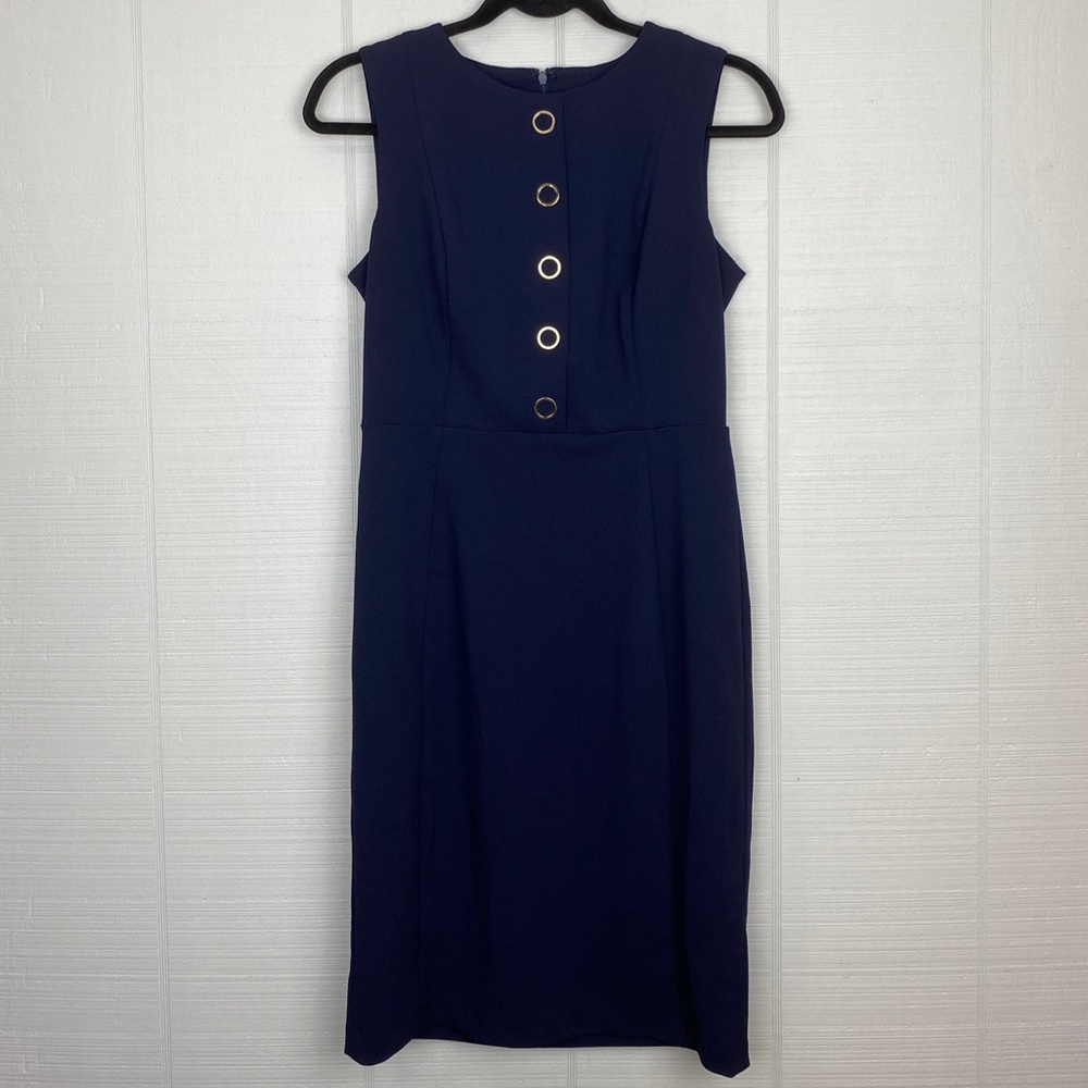 Chaps Sleeveless Navy Blue Pencil Dress Gold Accents